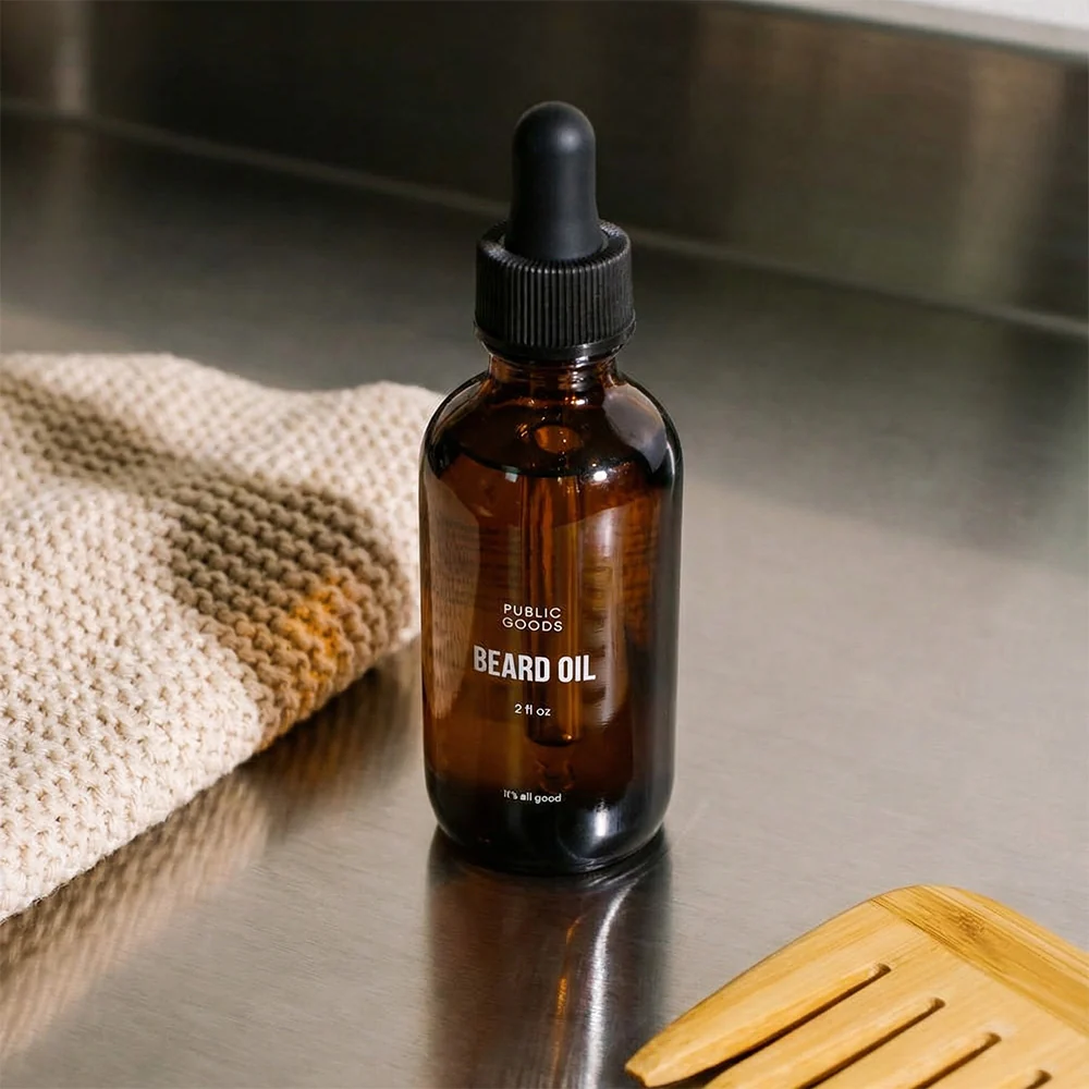 An amber dropper bottle of Marmalade Beard Oil on a brushed steel counter beside a wooden comb